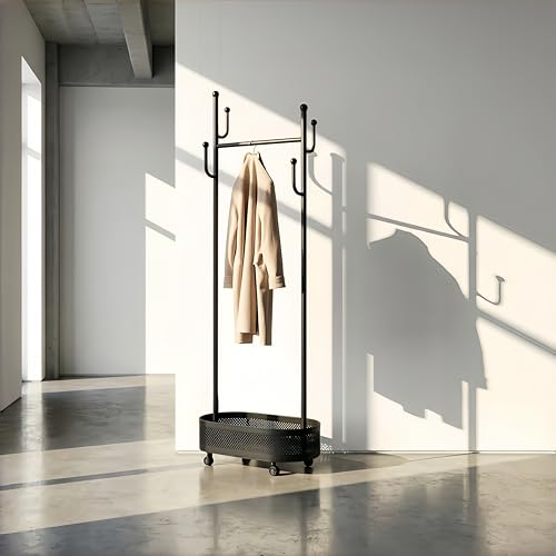 Black Wheeled Cactus Metal Coat Rack Freestanding Garment Organizer | Double Sided, Modern Style, Powder Coated, for Entryway and Bedroom, 24x14x66.93 Inches - color: Black