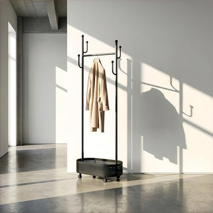 Black Wheeled Cactus Metal Coat Rack Freestanding Garment Organizer | Double Sided, Modern Style, Powder Coated, for Entryway and Bedroom, 24x14x66.93 Inches - color: Black