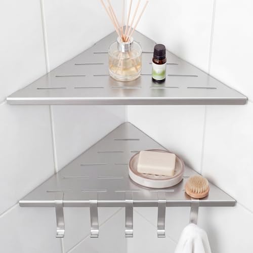 2 Pack 10'' Corner Shower Shelf with Hooks Sturdy 304 Stainless Steel, Space Saving Design Recessed Tile Shower Shelf for Inside, Tiled Walls, Bathroom Organization (Silver) - color: Silver