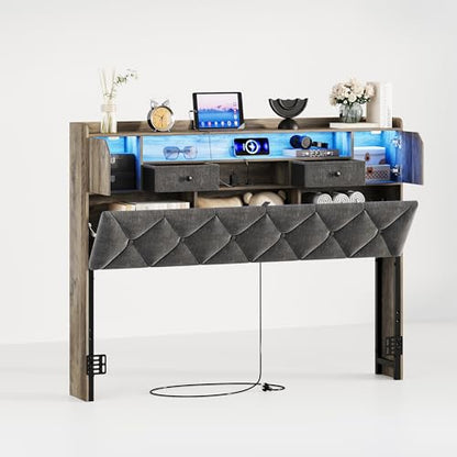 Maupvit Headboard for Queen Size Bed with Storage, Upholstered Headboard Only, Wood Head Board with Charging Station and Led Light, Height-Adjustable, Hidden and Open Storage, Rustic Grey