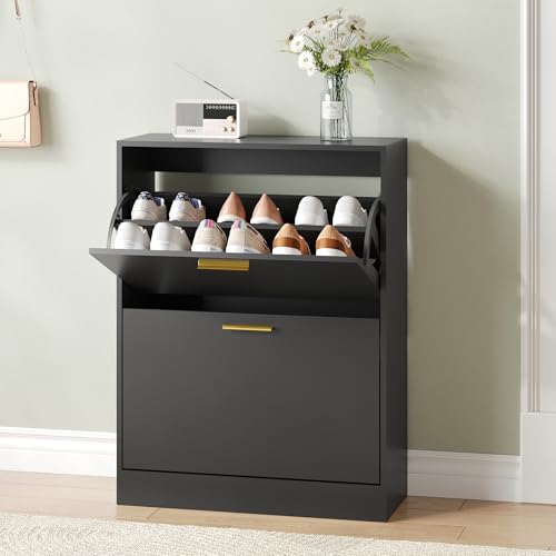 Shoe Cabinet Storage with 2 Flip Drawers and Closed Base, Black丨Hidden Shoe Organizer, Freestanding Narrow Shoe Storage Rack for Entryway, Hallway, Entrance - color: 1pc-black, size: 2 Flip Drawers without Shelf