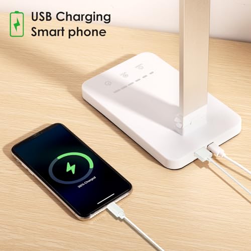 LED Desk Lamp, Dual Head Desk Light, 5 Levels Dimmable & 3 Color Modes Eye-Caring Table Light with USB Charging Port, Table Lamp for Reading, Studying, Home Office,White - color: White1