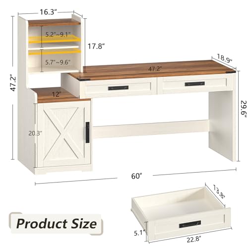 60" Computer Desk with Drawers & Bookshelves for Bedroom, Home Office | White Computer Desk with Bookcase & Drawers, Vanity Desk Writing Study Table with Storage, Antique White - color: Antique White