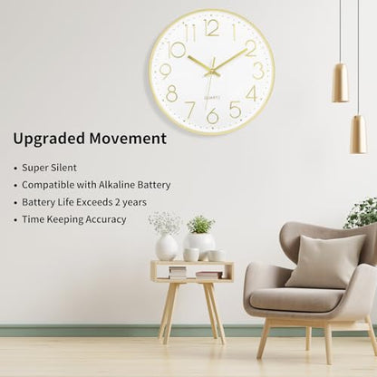 Foxtop Large 14" Wall Clock Silent Battery Operated Analog Clock, Gold | Non-Ticking, Round, Quartz, Easy to Read, Living Room, Bedroom, Kitchen, Office - color: Gold, size: 14 Inch Quartz