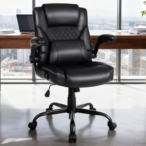 Home Office Chair with Lumbar Support, 5" Thickened Seat, Small PU Leather Rocking Desk Chair, Comfy Computer Chairs with Rolling Wheels & Adjustable Armrests for Adults, Black - color: Black