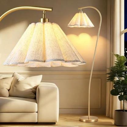 Floor Lamp with Pleated Linen Lampshade, Modern Flower Floor Lamp for Living Room Arc Standing Lamp, Gold Tall Lamp for Bedroom Office Dining Room, E26 Bulb Included