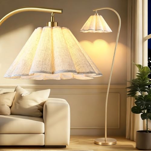 Floor Lamp with Pleated Linen Lampshade, Modern Flower Floor Lamp for Living Room Arc Standing Lamp, Gold Tall Lamp for Bedroom Office Dining Room, E26 Bulb Included
