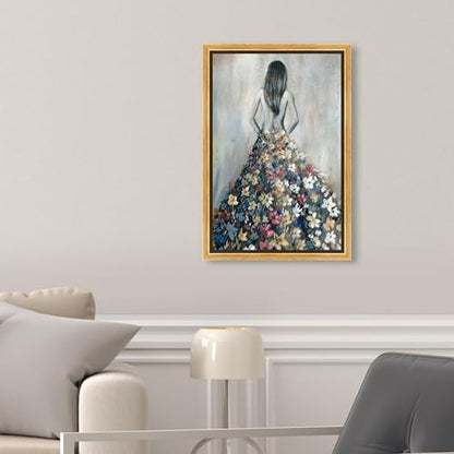 Oliver Gal Girl with Flower Thoughts Canvas Print Wall Art for Living Room, Bedroom, and Bathroom, 10" x 15", Gold Floater Frame - color: Gold Floater Frame, size: 15"L x 10"W