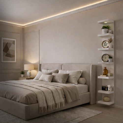 7-Tier Floating Wall Shelf with LED Lights – White Modern Display Shelving Unit with Remote Control – Wall Mounted Bookshelf for Living Room, Bedroom, or Office Decor