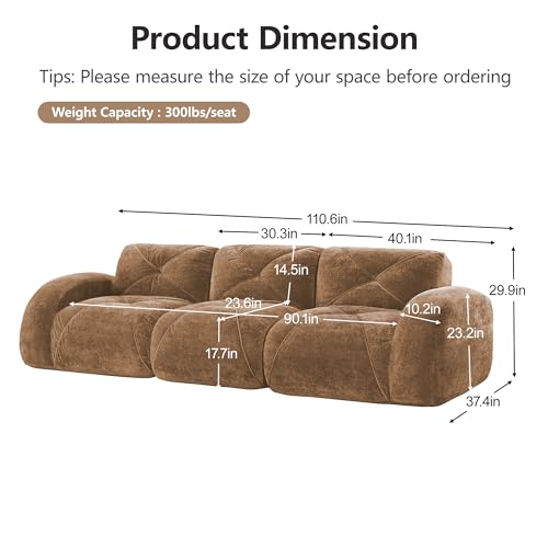 111" Velvet Modular Sofa Cama para Cuarto, Small Couches for Living Room with High Density Sponge, Cloud Loveseat with Tufted Design for Home Theater Study Space, Camel - color: Camel