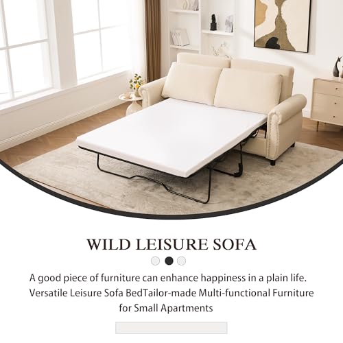 Queen Pull Out Couch Sofa Bed, 74' Large Convertible Sleeper Sofa, 2 Seater Loveseat Sofa-Bed with Queen Size Mattress for Living Room Small Spaces Apartment Studio, Beige - color: Beige, size: Convertible Sleeper Sofa Bed-2 seat