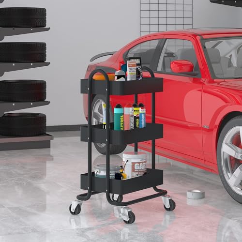 Metal Rolling Cart,3-Tier Metal Rolling Cart with Wheels,3 Tier Utility Cart with Wheels for Office,Home,Kitchen,Garden（13.4"x18.1"x31"） Black - color: Black, size: 31"H