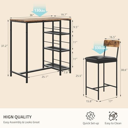GarveeLife Dining Table Set for 2, Counter Height Bar Table Set with Storage ＆ Stools, High Top Pub Table and Chairs for Kitchen, Dining Room, Sofa Side, Apartment, Breakfast Nook - color: Brown