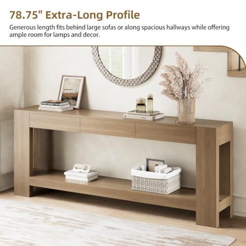78.75" Extra Long Console Table with 3 Drawers, Farmhouse Entryway Table with Storage Shelf, Wood Accent Sofa Table for Living Room Hallway Entryway, Rustic Brown