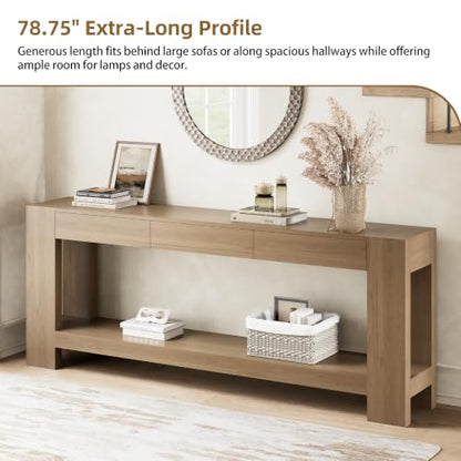 78.75" Extra Long Console Table with 3 Drawers, Farmhouse Entryway Table with Storage Shelf, Wood Accent Sofa Table for Living Room Hallway Entryway, Rustic Brown