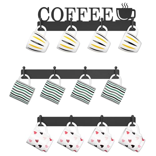 EsLuker.ly Mug Holder Rack Coffee Cup Hanger Wall Mount, 3 Pack Black | Metal Wall Cup Shelf Organizer Stand with 12 Hooks, Fits Most Mugs Display for Home Kitchen, Space-Saving Coffee Bar Enhancer - style: Upgrade 12 Hooks