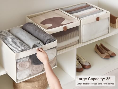 StorageWorks Closet Storage Bins, Extra Large Storage Baskets with Clear Window and Handles, Foldable Fabric Organizer for Clothes, Shelves, Beige, 3 Pack - color: Beige, size: 14 ½"L x 14 ½"W x 10 ¼"H