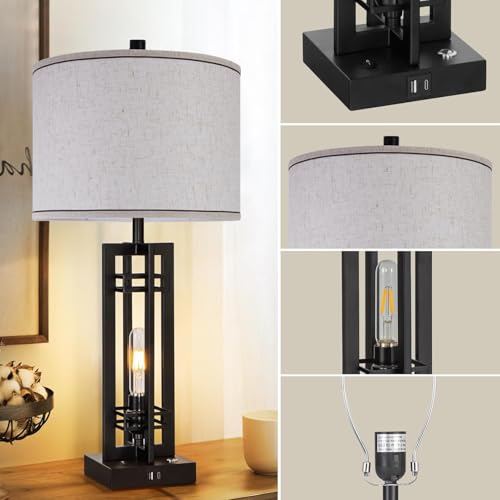Set of 2 Farmhouse Table Lamps for Living Room,27-inch Bedside Lamps | Cream Shade Desk Lamps with USB A+C Ports, 3-Level Dimmable Touch Light, 4 LED Bulbs Included, Bedroom Home Office Nightstand - color: Beige