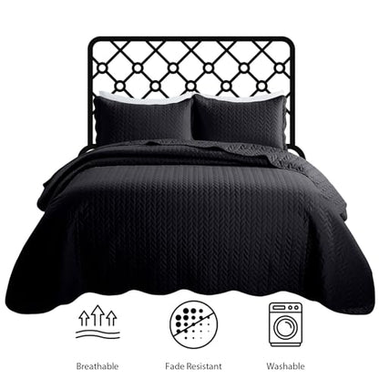 MOONLIGHT20015 Queen Quilt Bedding Set (90" x 96") - Bulk Pack of 10 Wholesale for Hotels, Guest Bedroom & Airbnbs - Lightweight Microfiber Reversible Embossed Quilts Bedspreads (Black) - color: Black, size: Queen (10 Pack)