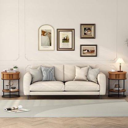 Turtle&Myrtle Small Round Side Table with Storage, 2-Tier Wooden End Table with Sliding Door and Shelf, Mid-Century Circle Nightstand for Living Room, Bedroom, Walnut - style: Mid-Century Modern