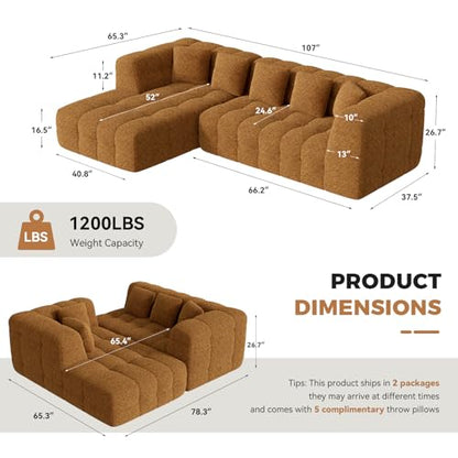 107" Boneless Couch with L - Shaped Chaise, Modern Chenille Modular Sectional Sofa with Tufted Design, Comfy Upholstered Sofa, No - Assembly Sectional Couch, Orange-Brown - color: Orange-brown