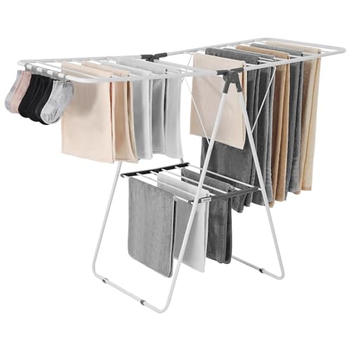 VEVOR Clothes Drying Rack, 2-Tier Foldable Laundry Dryer Rack with Sock Clips & 21 Drying Rods, Metal Height Adjustable Drying Racks for Outdoor & Indoor, Free-Standing & Space-Saving Hanger, White - size: 54.5"D x 23.6"W x 39.4"H
