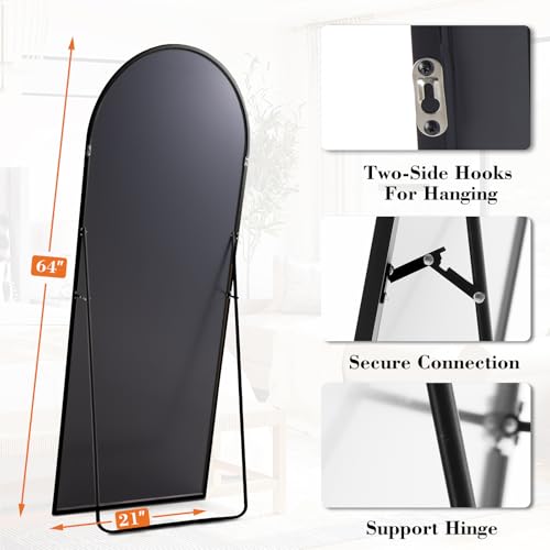 DUMOS 64"x21" Arched Full Length Mirror with Stand, Full Body Floor Mirror | Free Standing or Wall Mount, Nano Glass Aluminum Frame, Hanging or Leaning, Modern Simple Home Decor, Black - color: Black-rounded, size: 64"L x 21"W