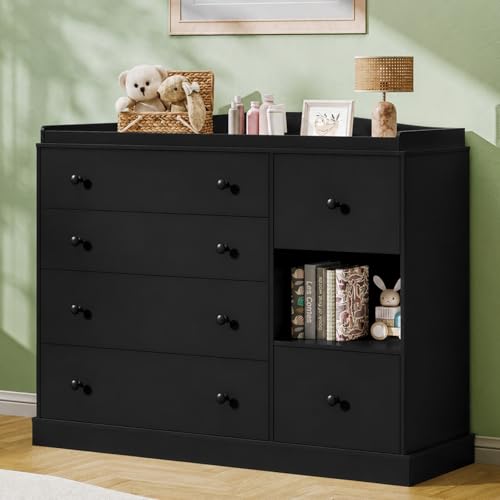 Kids Dresser Cabinet with 6 Drawers, Changing Table for Nursery with Shelf, Multi-Functional Chest of Drawers, Kids Bedroom Furniture, Nightstand for Children's Room, Black - color: Black
