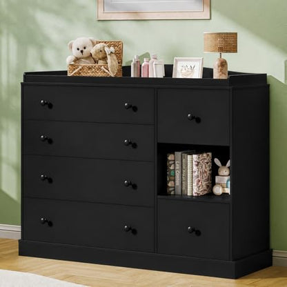 Kids Dresser Cabinet with 6 Drawers, Changing Table for Nursery with Shelf, Multi-Functional Chest of Drawers, Kids Bedroom Furniture, Nightstand for Children's Room, Black - color: Black