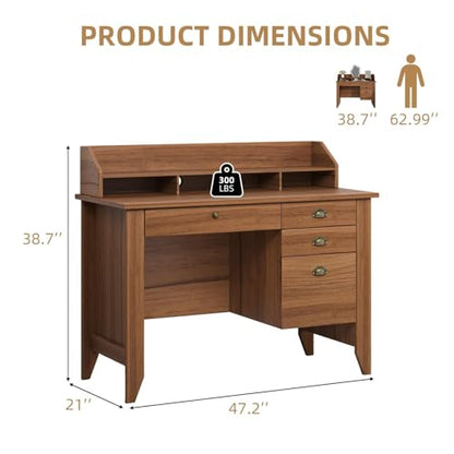 4 EVER WINNER Wooden Desk with Drawers, Small Desk with Monitor Stand and File Drawe, Writing Desk with Drawers for Bedroom Small Spaces, Walnut - color: Walnut