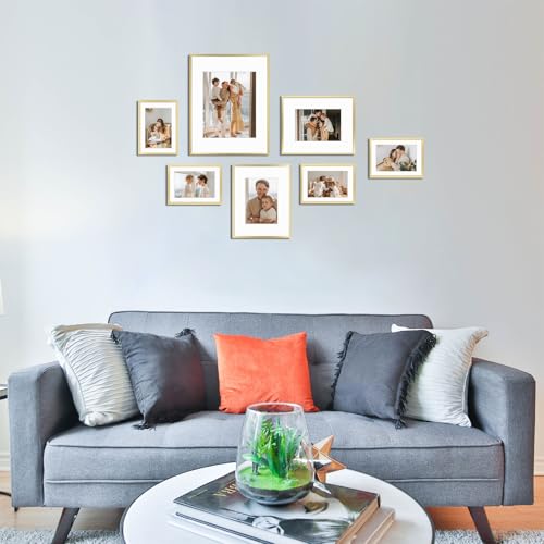 Golden State Art 7 Pack Gold Aluminum Frame with White Mat, Real Glass | Includes One 11x14, Two 8x10, Four 5x7 Frames with Sawtooth Hangers for Wall Mounting. Great for gallery wall - color: Gold, size: Style 2