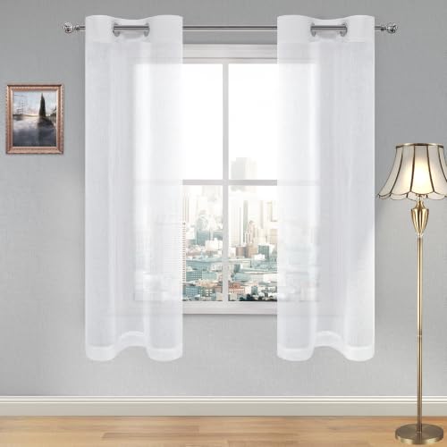 DWCN White Sheer Curtains, Grommet Top Faux Linen Look Voile Semi Transparent Solid Window Sheer Curtains Drapes for Bedroom Living Room, Set of 2 Panels 28 x 72 Inch Long, White - color: White, size: 28"W x 72"L (Pack of 2)