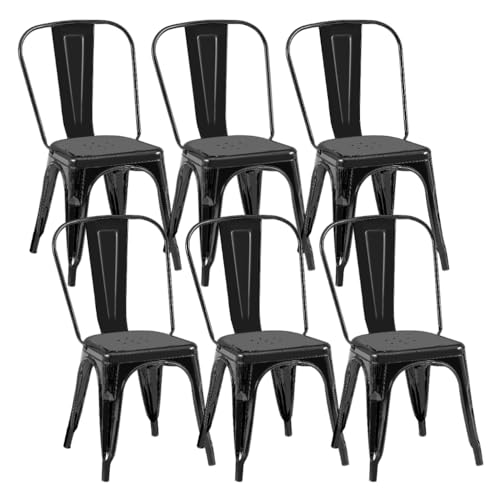 Metal Dining Chairs Set of 6,Obsidian Black Color | Iron Stackable Kitchen Dining Room Bistro Indoor Outdoor - color: Obsidian Black
