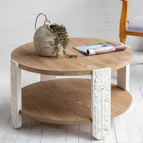 31.5" Round Coffee Table with Carved Leg, 2 Tier Storage Shelf | Farmhouse Solid Wood Center Table for Living Room, Circle Tea Table with Open Storage, Easy Assembly, Natural Brown Finish - color: A-31.5" Brown+white