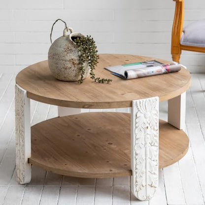 31.5" Round Coffee Table with Carved Leg, 2 Tier Storage Shelf | Farmhouse Solid Wood Center Table for Living Room, Circle Tea Table with Open Storage, Easy Assembly, Natural Brown Finish - color: A-31.5" Brown+white