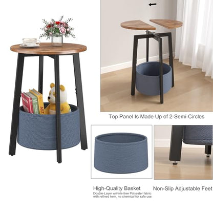 sthmec Small Round Side End Table with Storage Basket, Round Bedside Sofa Couch Coffee Tables for Small Places with Metal Frame, Modern Nighstands for Living Room Bedroom, Rustic Brown - color: Rustic Brown