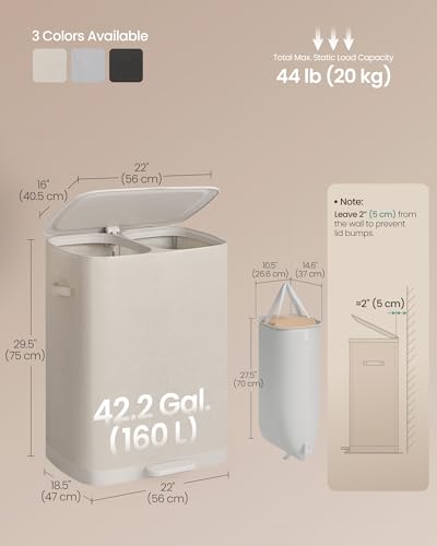 SONGMICS Laundry Basket with Lid, 42.2 Gallons, 2-Compartment Laundry Hamper with Handle and Pedal, Removable Liner, Easy Assembly, 22 x 18.5 x 29.5 Inches, Cappuccino Beige ULCB832L101 - color: Cappuccino Beige