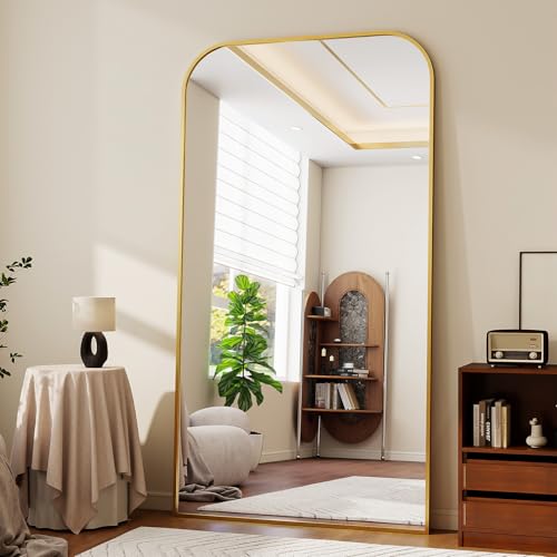 Oversized Full Length Mirror 76"x34" Arched Floor Standing Mirror | Large Full Body Mirrors with Stand - with Aluminum Frame for Bedroom Living Room, Gold - color: Gold, size: 76"L x 34"W
