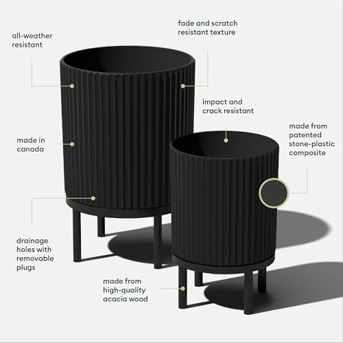 Veradek Demi Series Raised Duo Planters - Set of 2 Planters with Stands | Made From a Durable Plastic-Stone Composite & Comes With Wooden Stand. Modern Porch/Patio Décor - color: Black/Black, size: Bundle