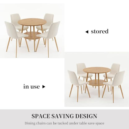 HIPIHOM 5-Piece Round Dining Table Set for 4 Oak Small Space Steel Legs | Natural Wood Tone, Double-tier Round Design Offers Storage, Stain and Spill Resistant MDF Top, Cross Braced Anti Wobble Legs - color: Oak Table+4 White Chairs