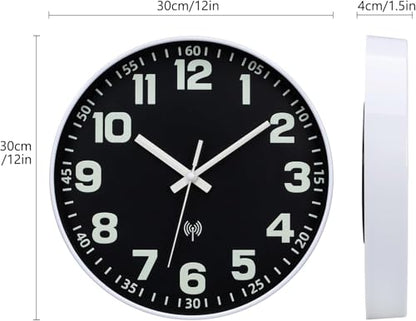 Atomic Wall Clock with Glow in the Dark Night Light 12" | Wall Clock Battery Operated, Easy to Read, Analog Clock, Luminous Numerals, Lighted up,Home Decor, for Bedroom Living Room