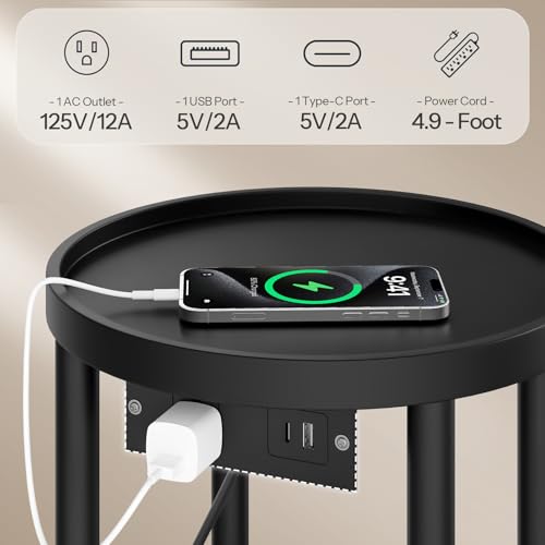 HOOBRO Small Round Side Table with Charging Station, 2-Tier Round Bamboo End Table, Compact Sofa Bedside Table for Small Space, Easy Assembly, for Living Room, Bedroom, Apartment, Black BB156UBZ01 - color: Black