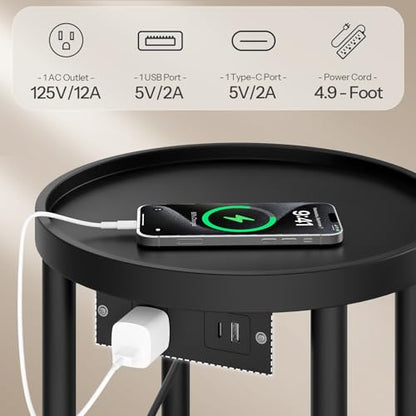 HOOBRO Small Round Side Table with Charging Station, 2-Tier Round Bamboo End Table, Compact Sofa Bedside Table for Small Space, Easy Assembly, for Living Room, Bedroom, Apartment, Black BB156UBZ01 - color: Black