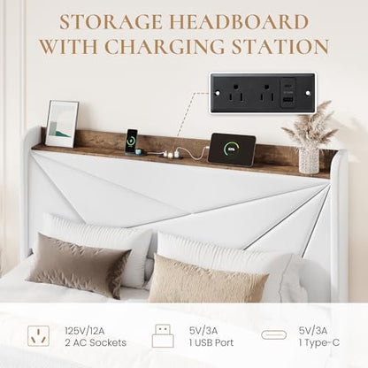 SHA CERLIN Queen Bed Frame, Storage Headboard with Drawers, Charging, White | Velvet Upholstered Bed, Modern Wingback Headboard, 3 Drawers, USB Charging Station, No Box Spring Needed, Easy Assembly - color: White, size: Queen