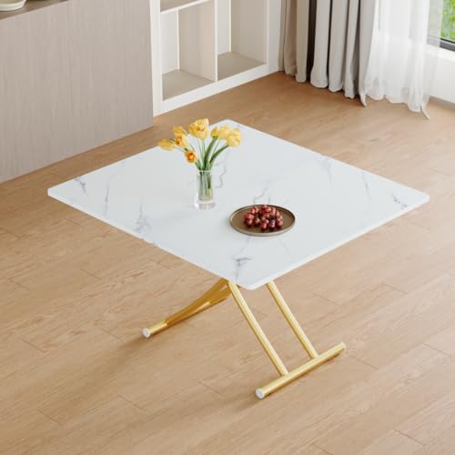 Liftable Folding Dining Table for 4, Adjustable Drop Leaf Table, Folding Coffee Table for Small Spaces, Scratch-Resistant Wood Top with Metal Frame for Apartment Kitchen Living Room - color: White-gold