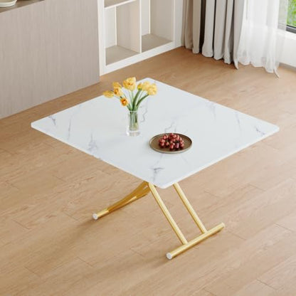 Liftable Folding Dining Table for 4, Adjustable Drop Leaf Table, Folding Coffee Table for Small Spaces, Scratch-Resistant Wood Top with Metal Frame for Apartment Kitchen Living Room - color: White-gold