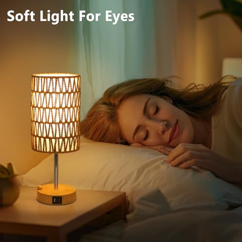 Bedside Lamps Set of 2 with Bulb, Touch Control Nightstand Lamp for Bedroom with Rattan & Linen Shade, 3 Way Dimmable Small Boho Table Lamps with USB Charging Port & Phone Stand - color: Faux wood-2pack