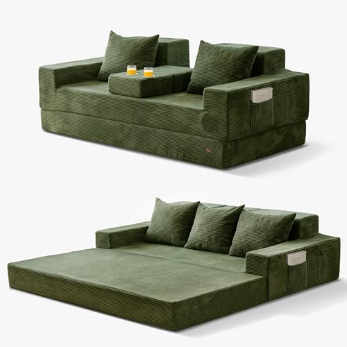 MAXYOYO Convertible Sofa Bed, 80" Oversized Boneless Loveseat Couch 4 in 1 Foldable Floor Sofa Couch in A Box with 2 Cup Holders, Folding Chair for Living Room, No Assembly Required, Green | Corded Green 4-in-1 Boneless Couch Converts Into a Floor Sofa or