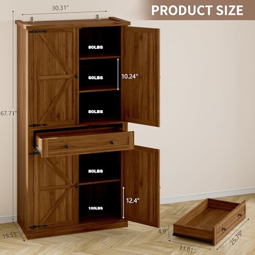 BORNOON Pantry Organizers and Storage Cabinet, 67.71” Barn Door White Kitchen Cabinet with Drawers and Adjustable Shelf, Tall Pantry for Kitchen, Dining Room, Living Room - color: Walnut, size: Single Drawer