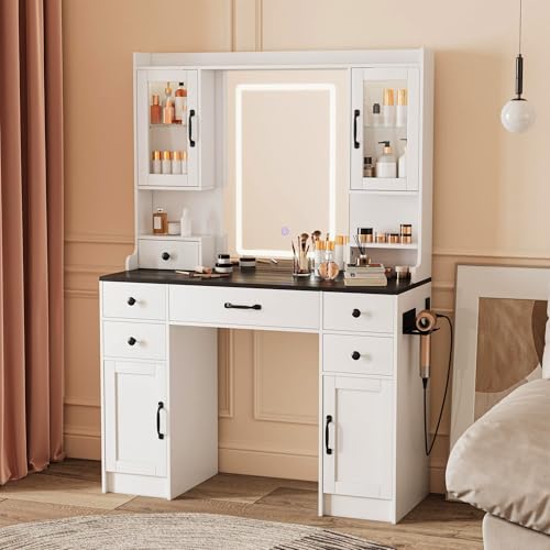 Vanity Desk with Mirror and LED Lights & Power Outlet | Large Makeup Vanity Table with 5 Drawers and 4 Storage Cabinets, White Dressing Table for Bedroom - size: 044 White